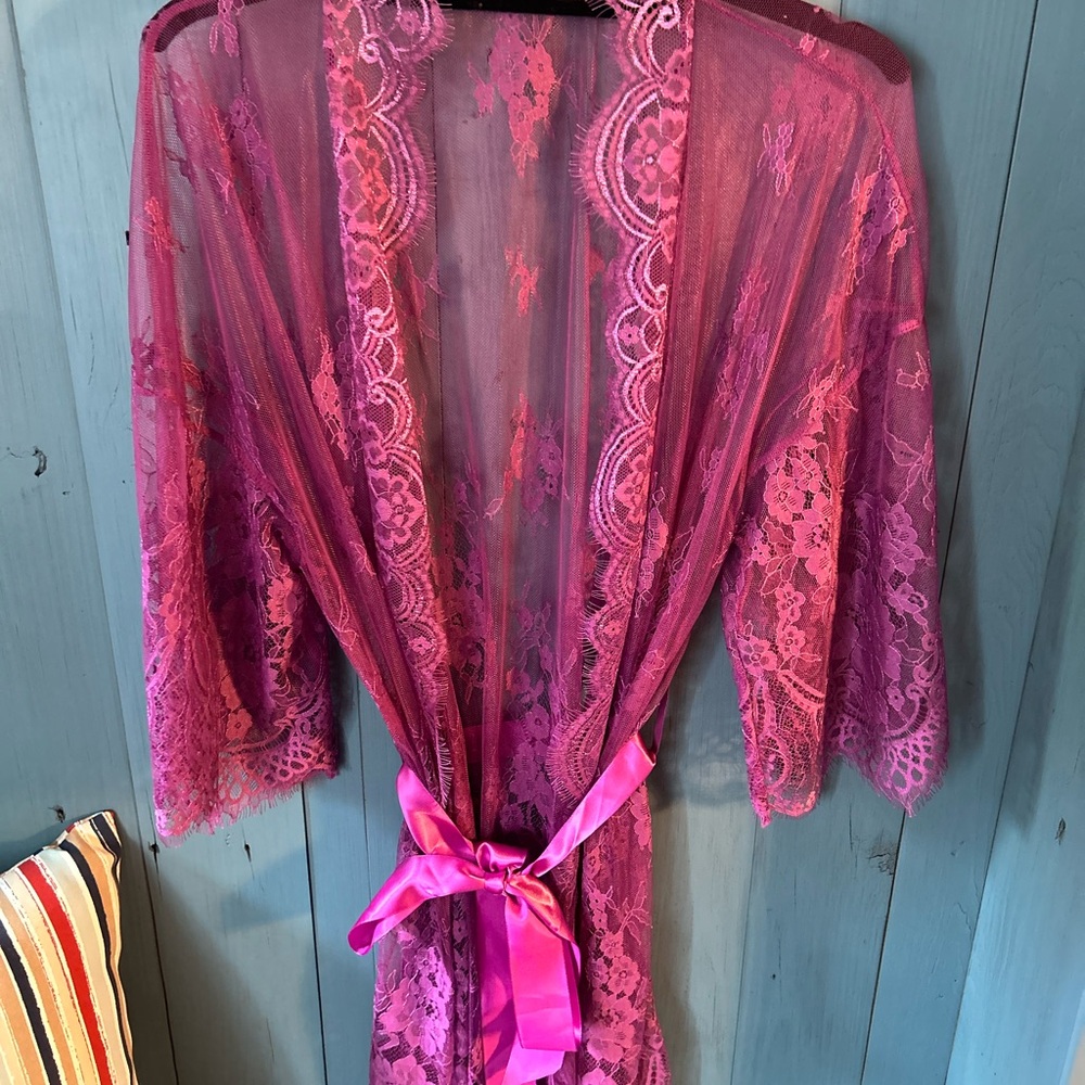 Avid Love Purple Lace Robe w/ Satin Belt & Matching Tong | Women’s Large